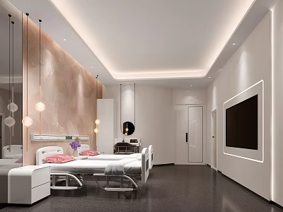 Modern Bedroom Interior With White Bed Pink Pillows Hanging Lights And Wall Mounted TV 3d model
