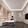 Modern Bedroom Interior With White Bed Pink Pillows Hanging Lights And Wall Mounted TV