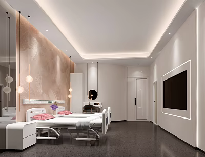 Modern Bedroom Interior With White Bed Pink Pillows Hanging Lights And Wall Mounted TV 3d model