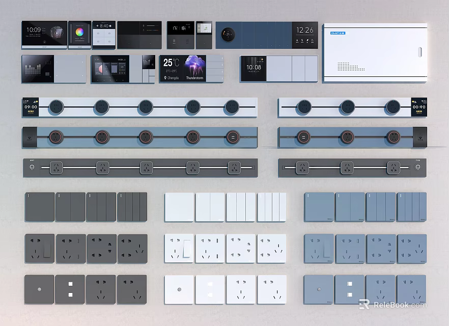 Modern Switch Panels In Various Colors With Socket And Button Designs 3d model