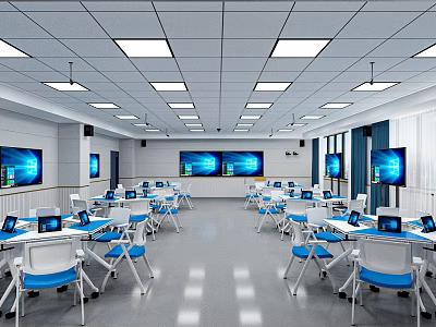 Modern Conference Room Interior With Multiple Screens Computers Tables Chairs And Bright Lighting 3d model