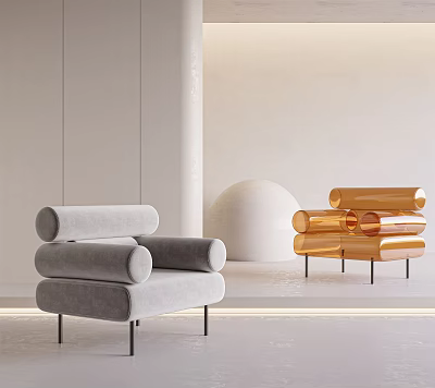 Gray Single Sofa with Golden Accent and White Spherical Object in Modern Minimalist Interior 3d model