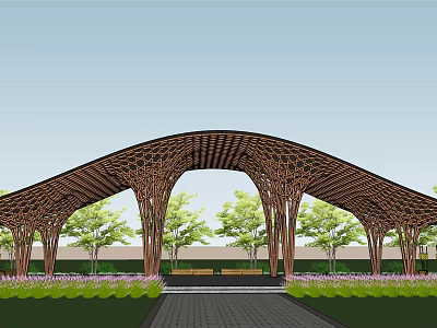 Wooden Arched Entrance Gate With Honeycomb Ceiling And Surrounding Green Plants 3d model