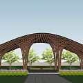 Wooden Arched Entrance Gate With Honeycomb Ceiling And Surrounding Green Plants