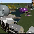 Amusement Park With White Spherical Building Purple Egg Shaped Structure Ferris Wheel River Green Lawn