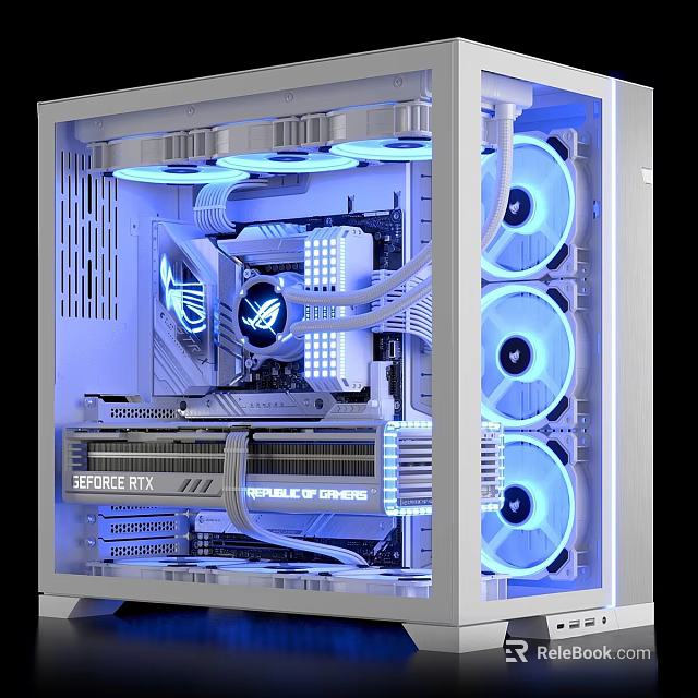 High Performance Gaming PC Case With Blue LED Fans RTX Graphics Card And ROG Motherboard 3d model 