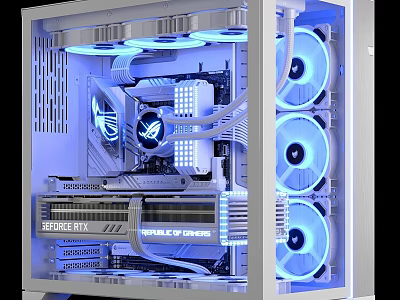 High Performance Gaming PC Case With Blue LED Fans RTX Graphics Card And ROG Motherboard 3d model