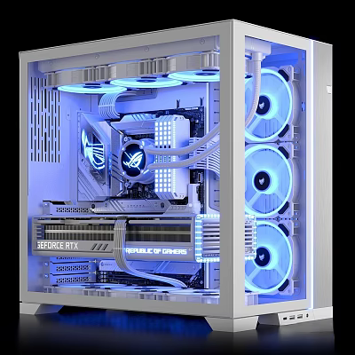 High Performance Gaming PC Case With Blue LED Fans RTX Graphics Card And ROG Motherboard 3d model