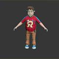 3D Model Man Wearing Red T-Shirt With Yellow R Logo Brown Pants And Blue Shoes