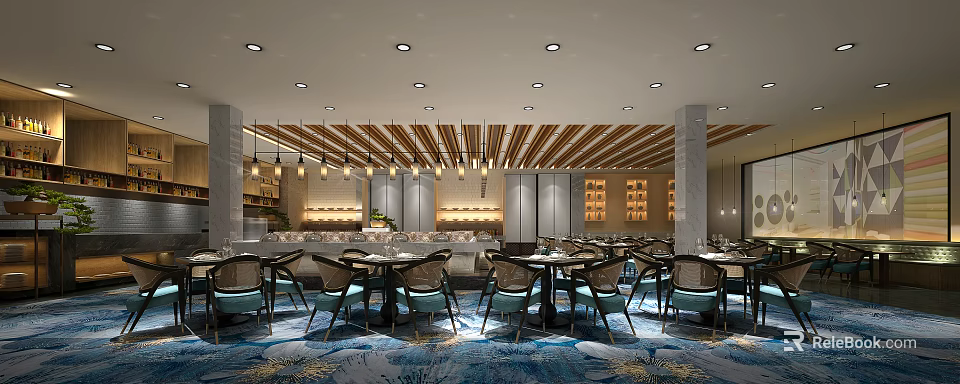 Elegant Restaurant Interior With Pendant Lights Wooden Ceiling Blue Carpet Dining Tables And Chairs 3d model 