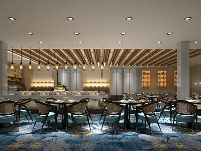 Elegant Restaurant Interior With Pendant Lights Wooden Ceiling Blue Carpet Dining Tables And Chairs 3d model