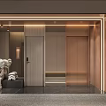 Modern Hotel Corridor With Elevator Doors Wooden Walls Marble Flooring And Decorative Sculpture