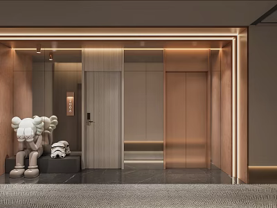 Modern Hotel Corridor With Elevator Doors Wooden Walls Marble Flooring And Decorative Sculpture 3d model
