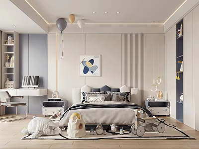 Modern Kids Room Interior With Bed Nightstands Desk Toys Artwork And Decorative Rug 3d model