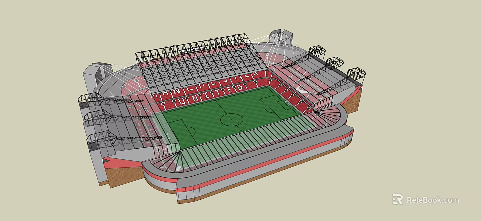 Modern Football Stadium Design With Green Pitch Red Seating And Roof Structure 3d model 