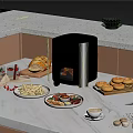 Modern Kitchen Countertop With Air Fryer Cooking Crispy French Fries Bagels And Fresh Bread