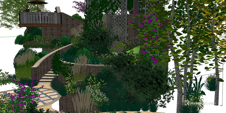 Garden Landscape Design With Lush Greenery Stone Path And Purple Flowers 3d model 