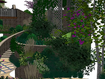 Garden Landscape Design With Lush Greenery Stone Path And Purple Flowers 3d model