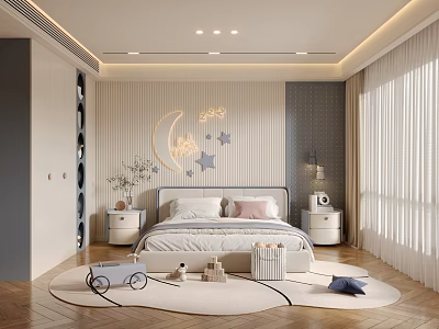 Modern Kids Room with Moon Star Wall Decor Upholstered Headboard Nightstands Toy Storage and Rug 3d model