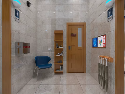 Public Restroom Interior With Blue Chair Bookshelf Wooden Door Umbrella Stand Tiled Walls And Signs 3d model