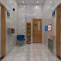 Public Restroom Interior With Blue Chair Bookshelf Wooden Door Umbrella Stand Tiled Walls And Signs