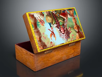 Decorative Wooden Box With Painted Lid Featuring Colorful Fairy Tale Scene And Yellow Border 3d model