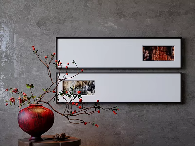 Gray Wall Interior With Black Framed Artworks Red Vase And Berry Branches 3d model