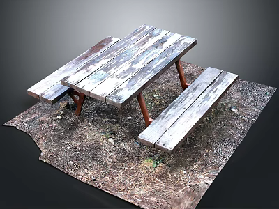 Weathered Wooden Picnic Table With Benches On Outdoor Dirt And Gravel Ground 3d model