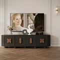 Wooden TV Stand with Vase Statue Record and Wall Lamps in Herringbone Floor Room