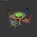 Round Dining Table Set With Red Glass Center Tabletop And Carved Backrest Pink Cushion Chairs