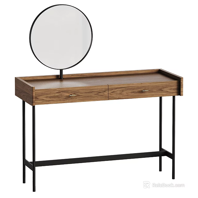 Modern Wooden Dressing Table With Round Mirror Two Drawers And Black Metal Legs 3d model 