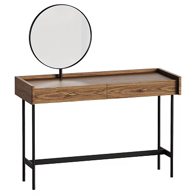 Modern Wooden Dressing Table With Round Mirror Two Drawers And Black Metal Legs 3d model