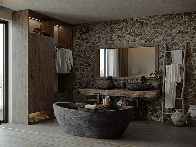 Bathroom Interior Featuring Stone Wall Wooden Storage Cabinet Round Bathtub Double Sinks And Natural Light 3d model