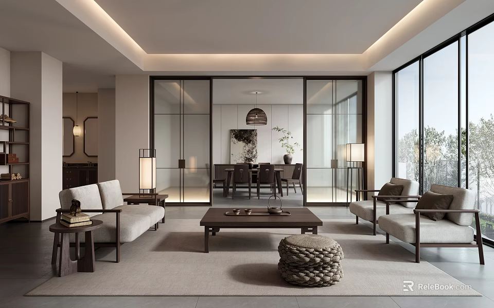 Elegant Modern Living and Dining Room Interior with Sofa Coffee Table Dining Table and Windows 3d model