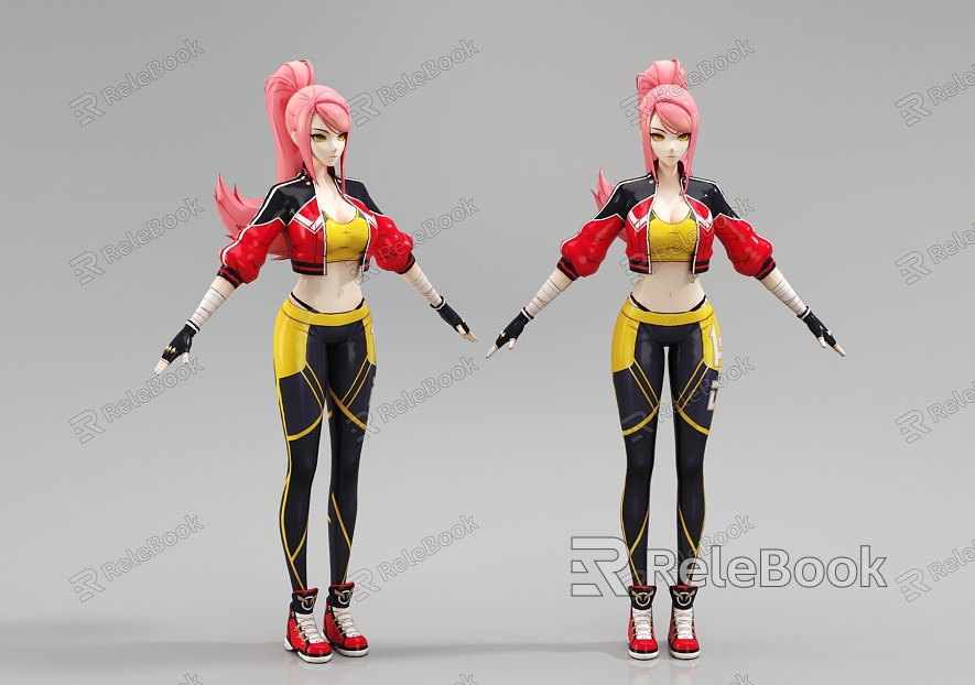 Cartoon beauty game character high ponytail female character royal sister tights pink hair model