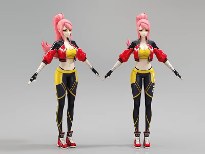 Game And Movie Character 3D Design With Pink Hair Red Jacket Yellow Top Black Tights 3d model