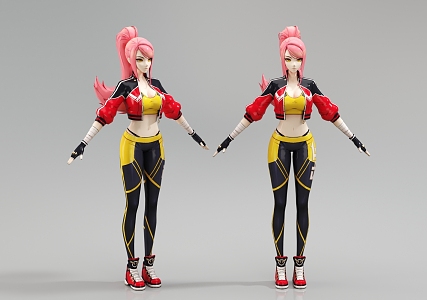 Cartoon beauty game character high ponytail female character royal sister tights pink hair 3d model