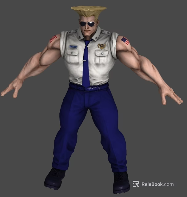 Muscular Security Officer 3D Character With White Shirt Blue Tie And American Flag Patches 3d model 
