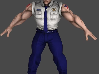 Muscular Security Officer 3D Character With White Shirt Blue Tie And American Flag Patches 3d model