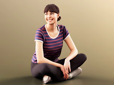 Woman Sitting On Floor In Striped T Shirt And Black Leggings Smiling Against Light Background 3d model