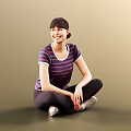 Woman Sitting On Floor In Striped T Shirt And Black Leggings Smiling Against Light Background 3d model