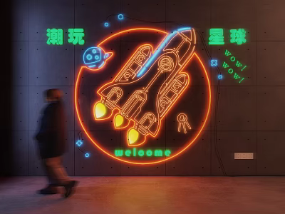 Fun Trendy Photo Spot With Neon Rocket Planet Wow Wow Welcome Sign 3d model