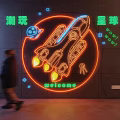 Fun Trendy Photo Spot With Neon Rocket Planet Wow Wow Welcome Sign