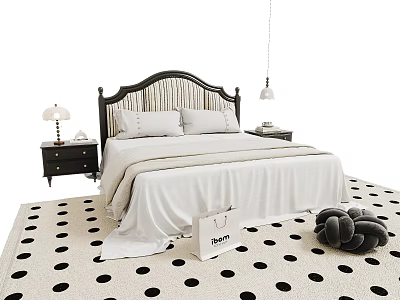 Double Bed with Black Headboard Light Sheets Nightstands Lamp and Polka Dot Rug 3d model
