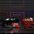 Black and Red Mercedes Benz Cars on Display with Neon Lights Background