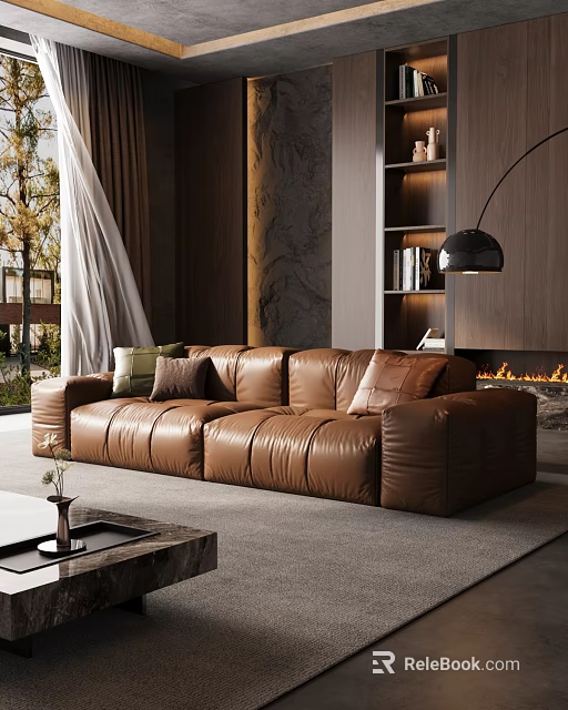 Modern Living Room Interior With Brown Leather Sofa Throw Pillows Floor Lamp And Fireplace 3d model 