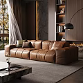 Modern Living Room Interior With Brown Leather Sofa Throw Pillows Floor Lamp And Fireplace
