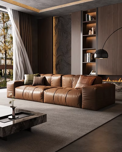 Modern Living Room Interior With Brown Leather Sofa Throw Pillows Floor Lamp And Fireplace 3d model