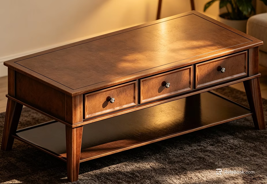 Wooden Coffee Table With Drawers Metal Handles And Lower Shelf In Warm Light 3d model 