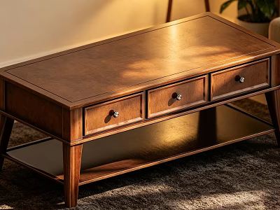 Wooden Coffee Table With Drawers Metal Handles And Lower Shelf In Warm Light 3d model